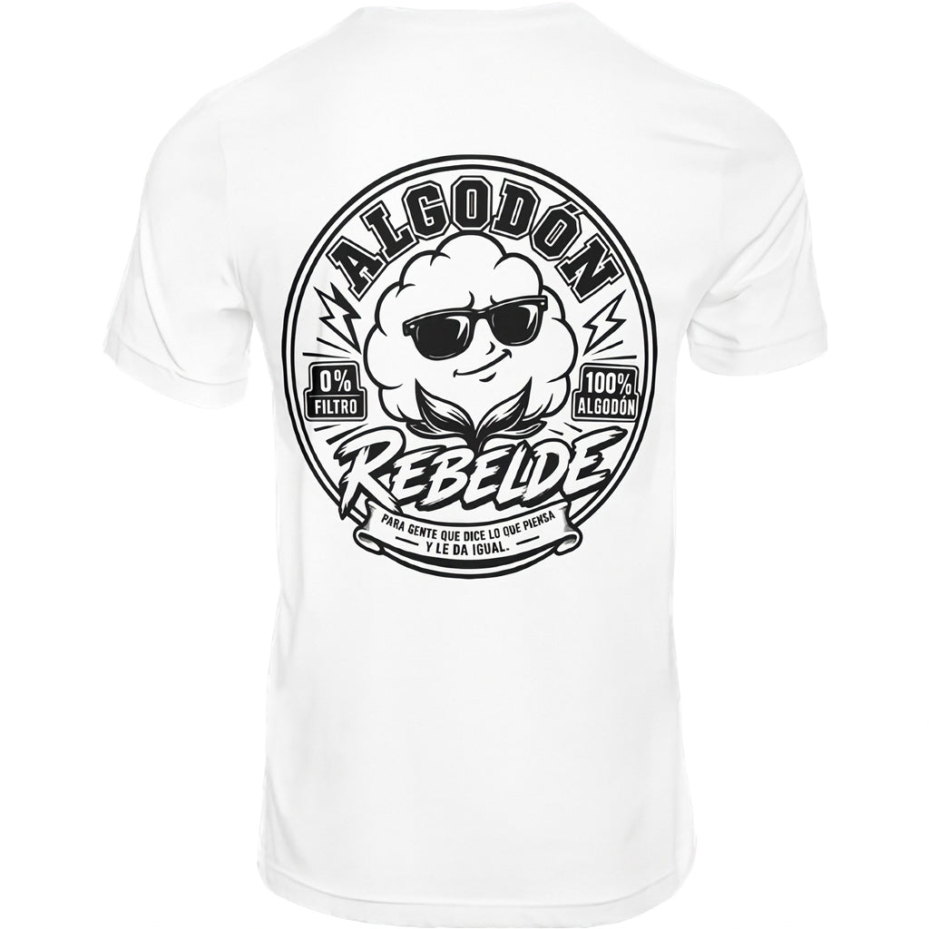 Camiseta blanca logo Algodón Rebelde espalda - Para gente que dice lo que piensa