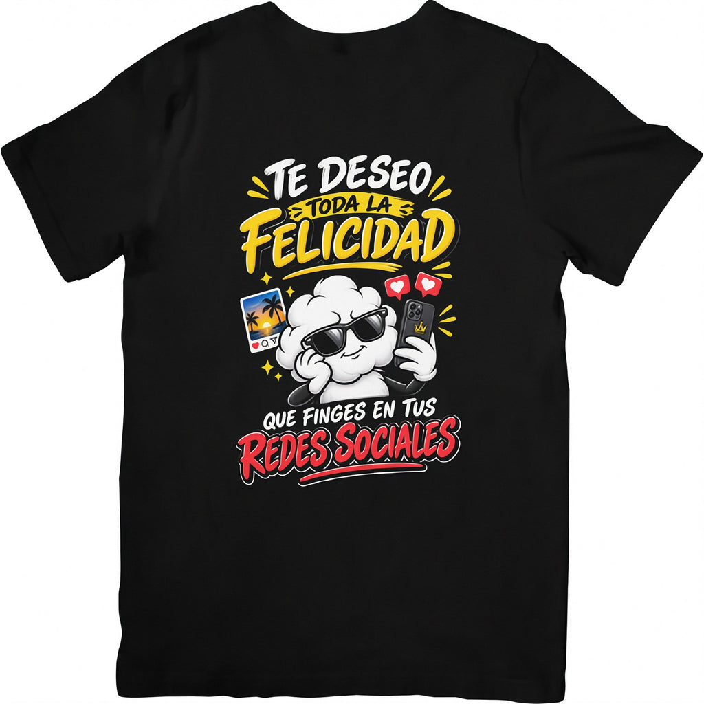 Camiseta negra Felicidad en Redes - Humor sarcástico | Algodón Rebelde